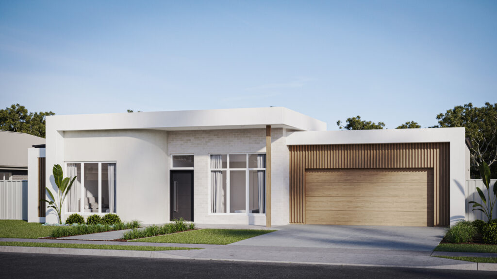 white flat roof house with timber garage